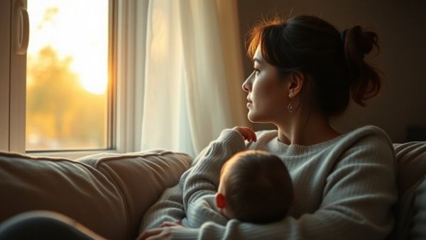 Overstimulated parent sitting with children seeking relief by the window.