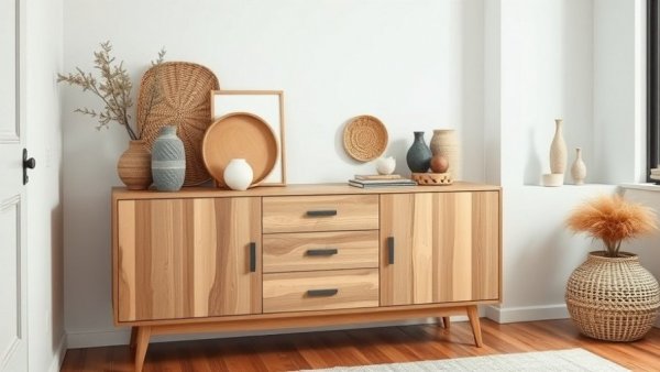 Minimalist dresser with decor in small space, soft light.