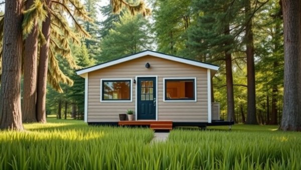 Modern tiny home in a lush Texas community, surrounded by trees.