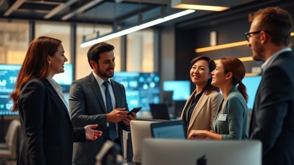 HR technology meeting in modern digital office with professionals.