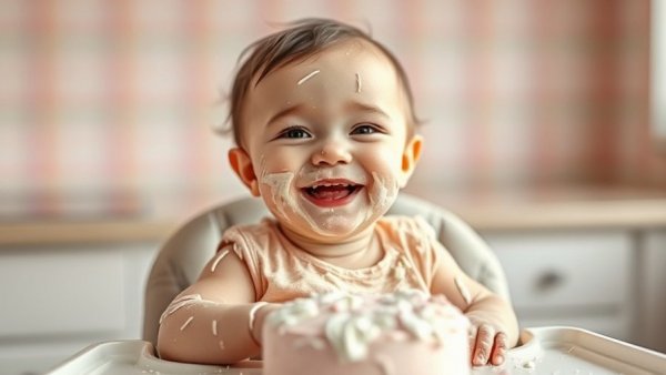 Adorable infant enjoying cake mess in kitchen high chair.