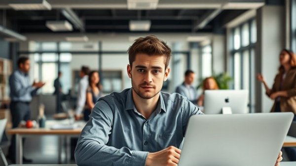 Young man experiencing workplace discrimination in an office setting.