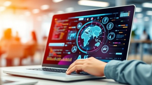 Close-up of AI graphics on laptop in a modern office.