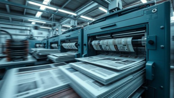 High-speed newspaper printing press in action in Omaha, Iowa.