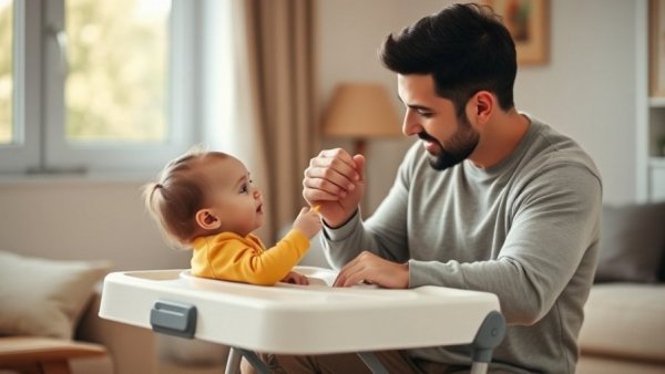 Caring father feeding baby in a portable high chair, family moment.