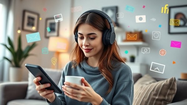 Young woman using smartphone with digital icons, showing future of work automation.
