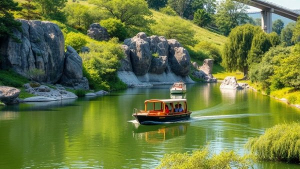 Scenic San Antonio river scene with a tour boat, vibrant greenery.