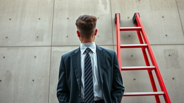 Businessman contemplating transition with red ladder, symbolizing change.
