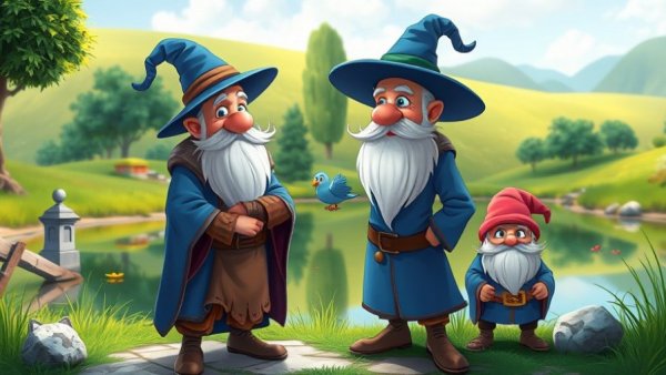 Whimsical cartoon wizard and dwarf in lush countryside for Tales of the Shire Nintendo Switch 2.