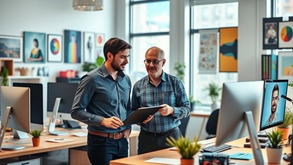 AI transforming early-career jobs: Two professionals collaborating in a modern office.