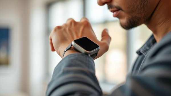 Close-up of a hand adjusting a watch, focus on modern technology.