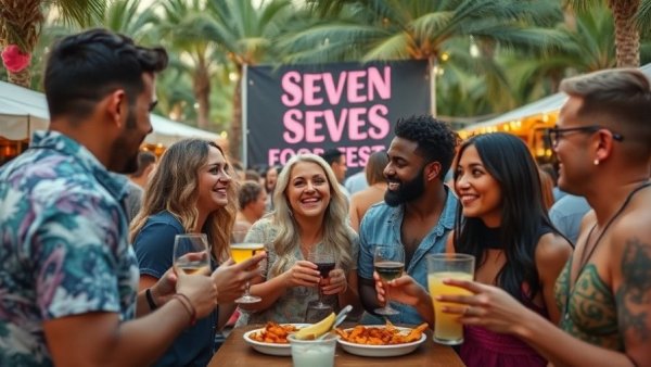 Friends at Seven Seas Food Festival San Antonio, enjoying food and drinks.