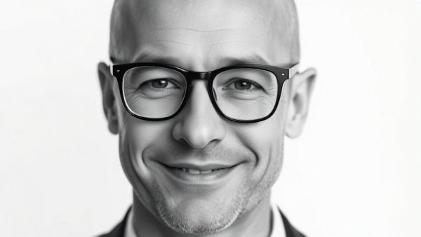 Confident man in glasses exemplifying executive leadership in journalism.