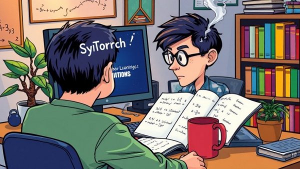 Illustration of SymTorch deep learning model on screen with a person studying.