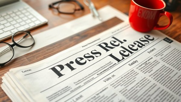 Newspaper with 'Press Release' headline next to coffee, glasses on desk.