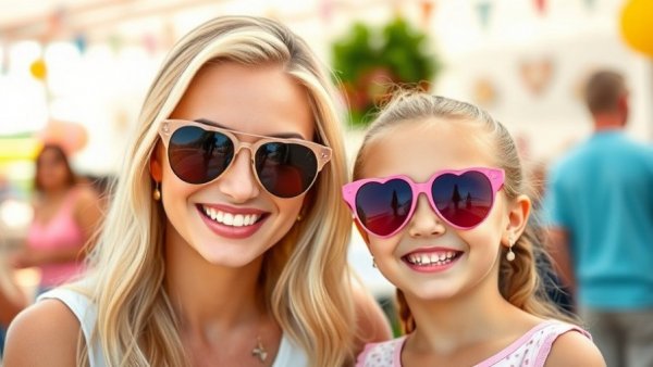 Blonde woman and child with heart-shaped sunglasses at outdoor event, child development strategies for busy parents.