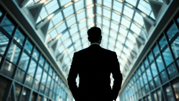 Confident man in futuristic corridor representing AI in hiring innovation.