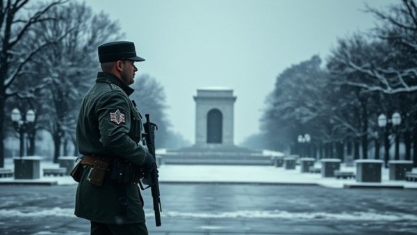 Soldier patrolling Tomb of the Unknown Soldier in falling snow.