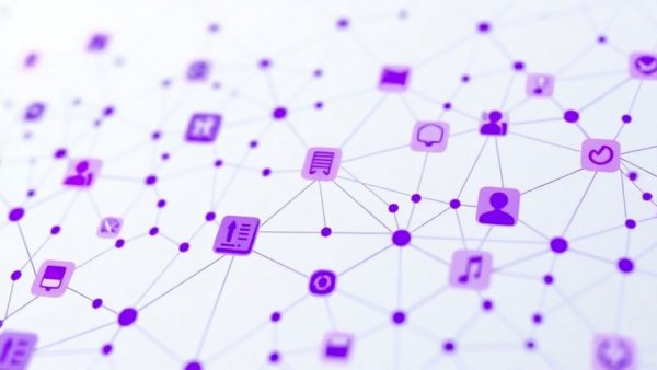 Abstract network of automation icons in purple, future of work theme.