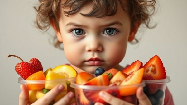 Child holding fruit containers, promoting healthy family meals.