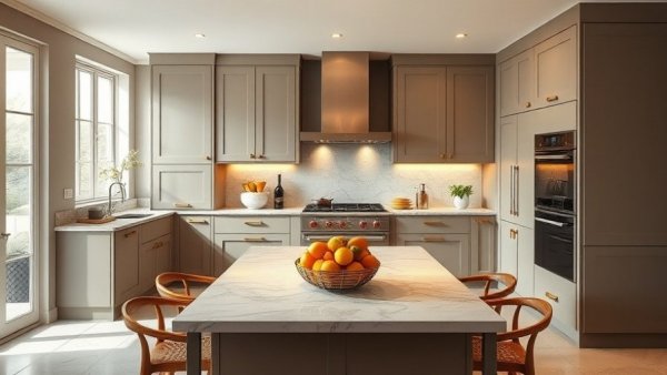 Modern kitchen with taupe cabinets and gold accents, 2026 kitchen cabinet paint colors.