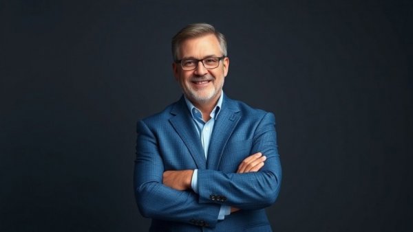 Confident man in blue suit smiling, related to artificial intelligence news.