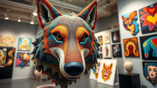 Colorful fabric wolf sculpture at San Antonio arts event in modern gallery.