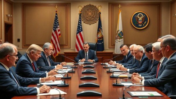 Officials discussing policy in a formal meeting setting.