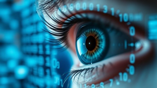 AI autism diagnosis eye screening with digital overlay.