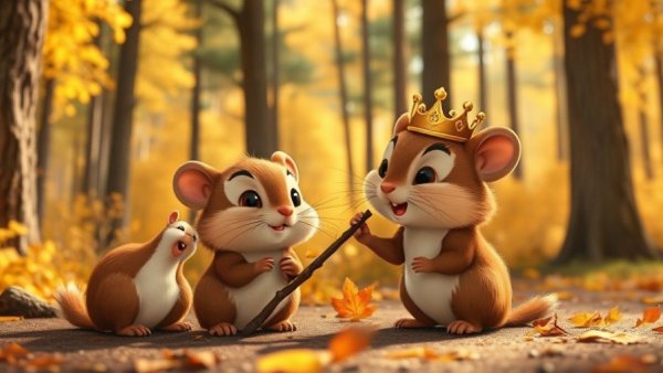 Adorable animated rodents in a sunlit autumn forest from Hoppers Pixar movie.