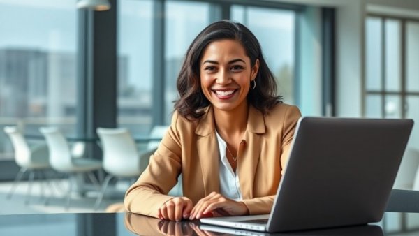 Professional woman using laptop in modern office, AI in recruiting context.
