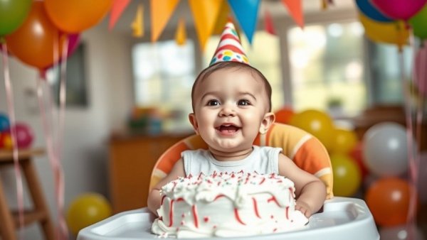Joyful baby enjoying cake, festive highchair setup.