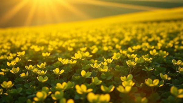 Lush clover field at sunset, glowing natural hues.