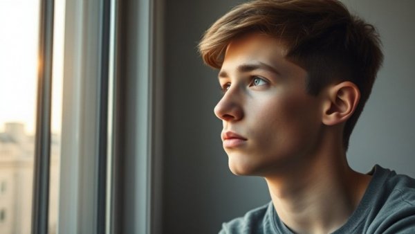 Teenage communication theme with pensive boy gazing out window in soft light.
