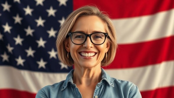 Smiling woman in front of American flag, representing patriotism and veteran services in San Antonio.