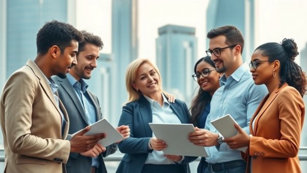 Leadership during change featuring diverse team in futuristic city.