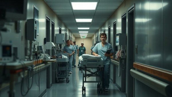 Nurse transporting patient in hospital, highlighting rising healthcare costs.