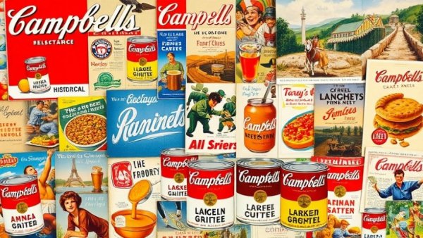Colorful collage depicting the history of Campbell's products.