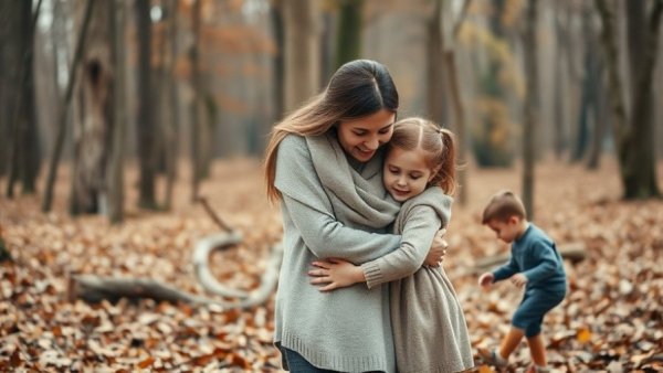 Motherhood and mental health portrayed in an autumn forest setting.