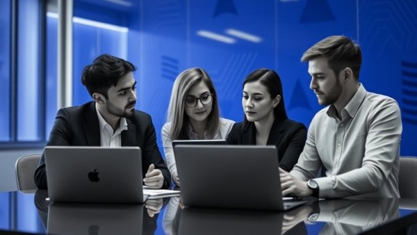 Recruiters discussing candidate screening questions in modern office.