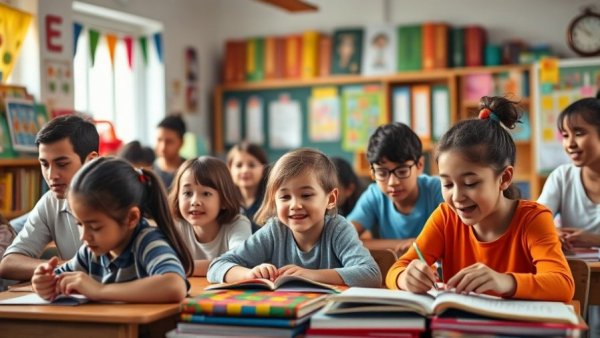 Classroom scene illustrating leadership and mentorship, colorful setting.