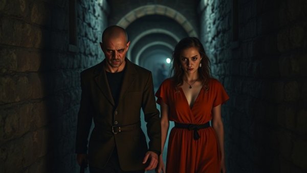 Eerie duo in Frankenstein's monster movie setting walking down dark corridor.