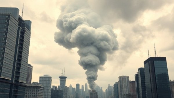 City skyline under smoke during geopolitical conflict scenario planning