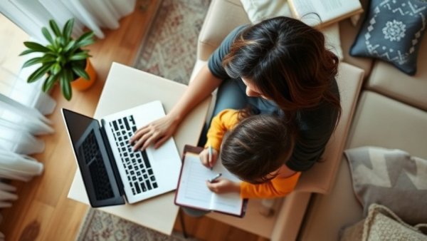 Parent and child working together at home showcasing childcare benefits for working parents.