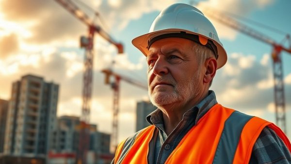 Construction worker reflecting on US job growth decline amidst cranes and clouds.