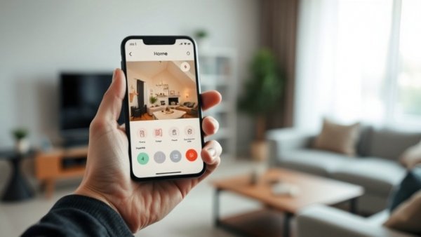 Smart home interface on smartphone, alternative hub control in modern living room.