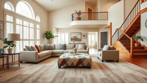 Modern living room with beige sofa, outdated carpet colors, and wooden stairs.