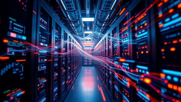 AI data center with dynamic data streams visualizing expansion plans.