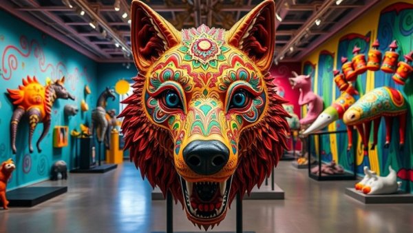 San Antonio arts events: vibrant sculpture exhibition with colorful wolf head display.