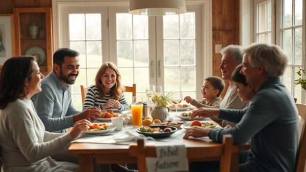 Family gathered around dinner table impacting child development positively.